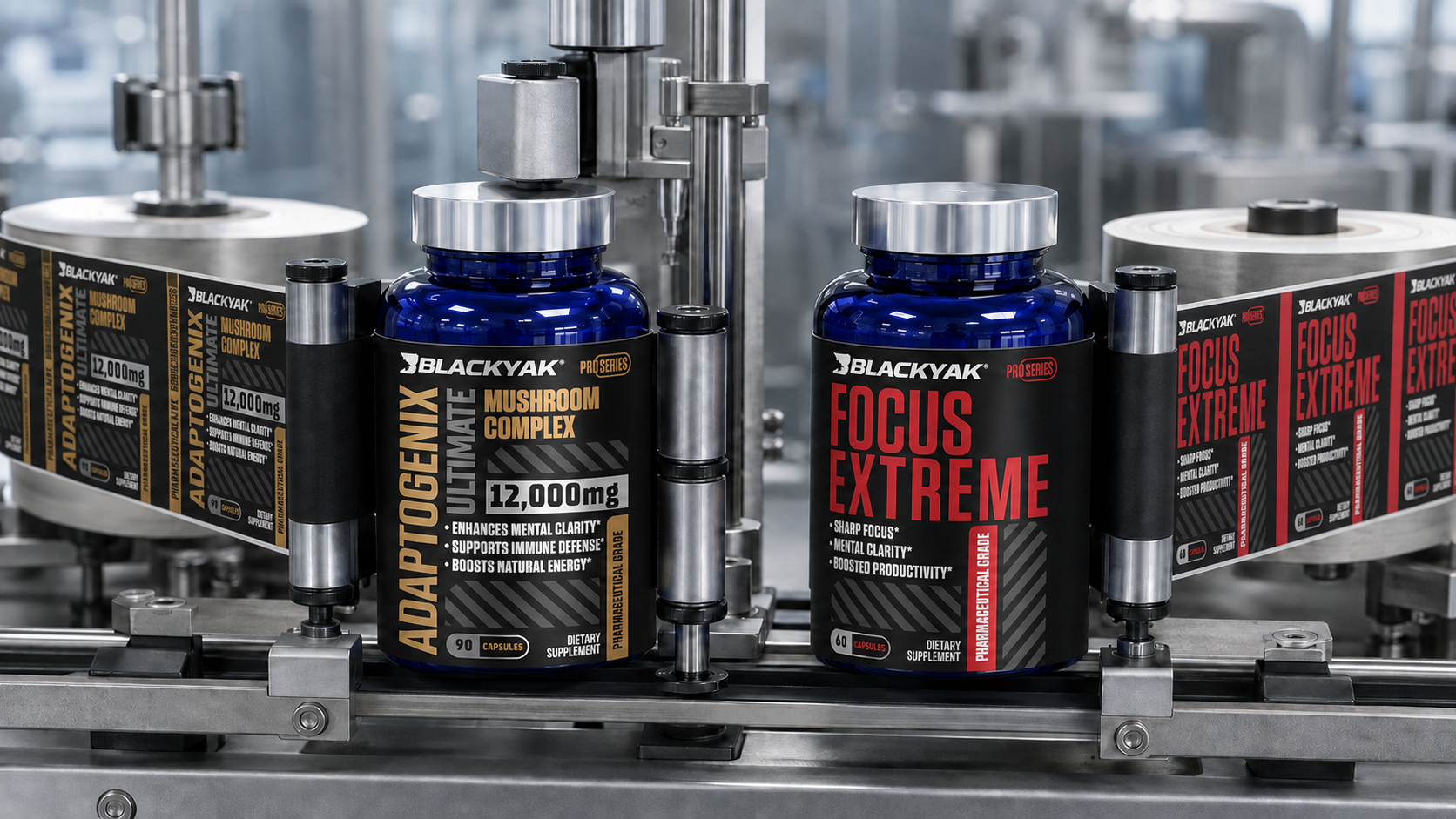 Cintas de etiquetas Adaptogenix y Focus Extreme en una línea de aplicación de Blackyak Labs