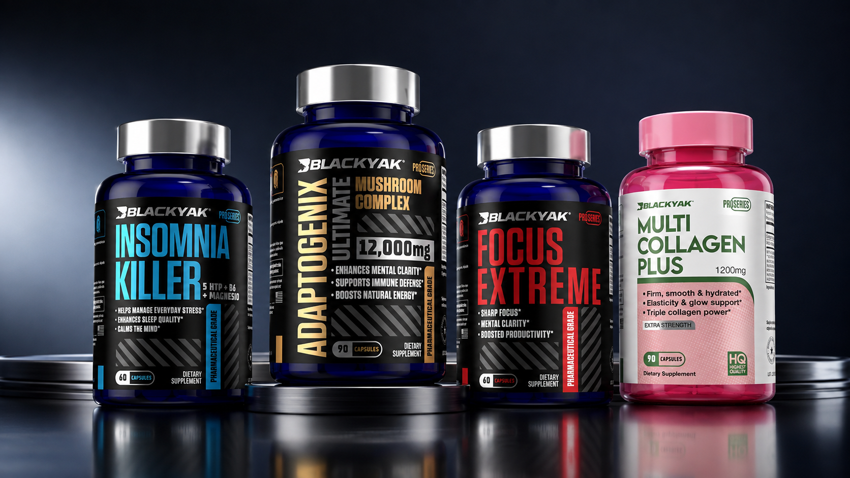 Línea de suplementos en frascos de Blackyak Labs