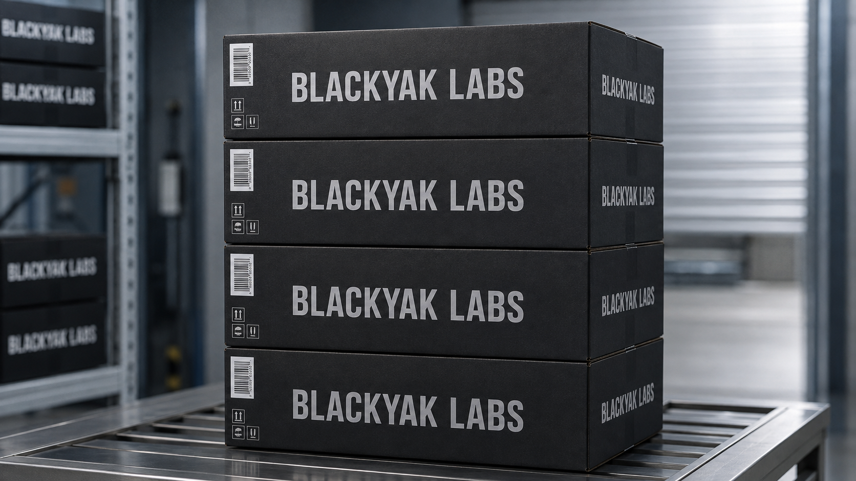 Cajas apiladas de BLACKYAK LABS listas para entrega